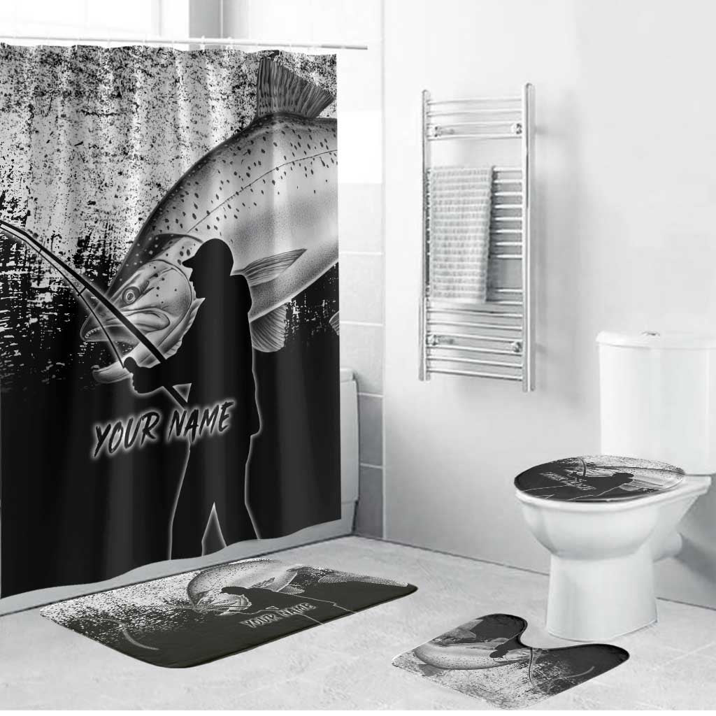 Custom Black and White King Salmon Fishing Bathroom Set with Trout Fish Design Black and White Grunge Style - Wonder Print Shop