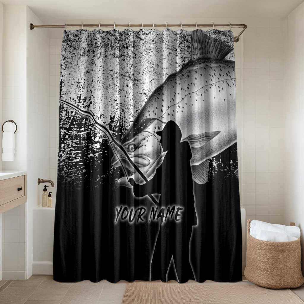 Custom Black and White King Salmon Fishing Bathroom Set with Trout Fish Design Black and White Grunge Style - Wonder Print Shop