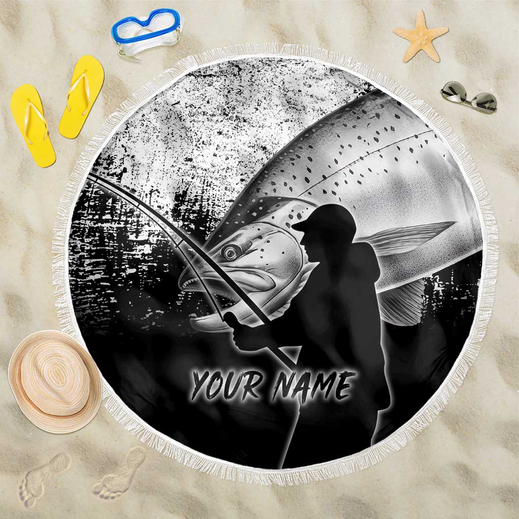 Custom Black and White King Salmon Fishing Beach Blanket with Trout Fish Design Black and White Grunge Style - Wonder Print Shop