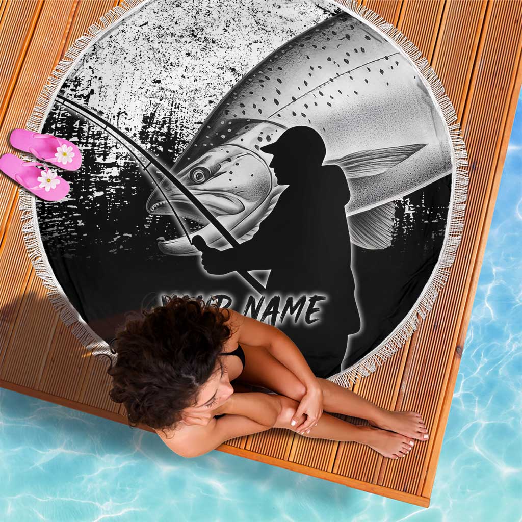 Custom Black and White King Salmon Fishing Beach Blanket with Trout Fish Design Black and White Grunge Style - Wonder Print Shop