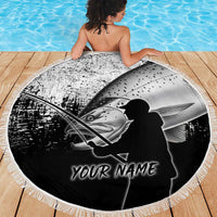 Custom Black and White King Salmon Fishing Beach Blanket with Trout Fish Design Black and White Grunge Style - Wonder Print Shop