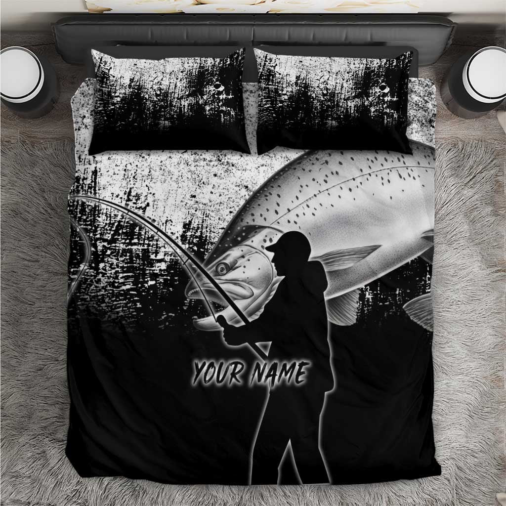 Custom Black and White King Salmon Fishing Bedding Set with Trout Fish Design Black and White Grunge Style - Wonder Print Shop