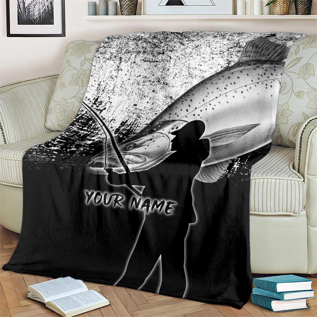 Custom Black and White King Salmon Fishing Blanket with Trout Fish Design Black and White Grunge Style - Wonder Print Shop