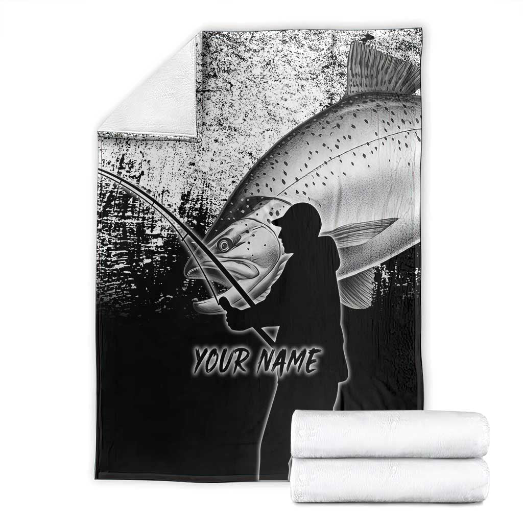 Custom Black and White King Salmon Fishing Blanket with Trout Fish Design Black and White Grunge Style - Wonder Print Shop