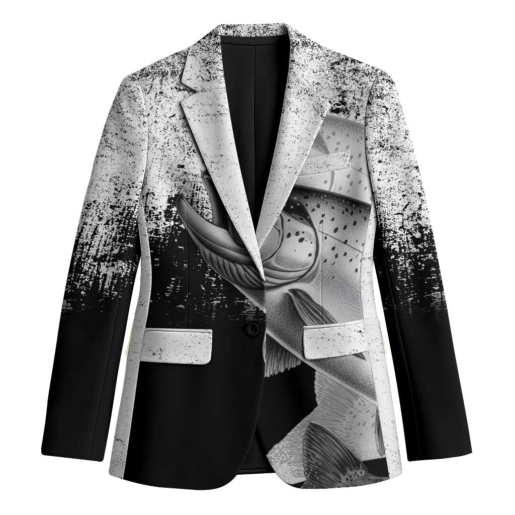Custom Black and White King Salmon Fishing Blazer with Trout Fish Design Black and White Grunge Style - Wonder Print Shop