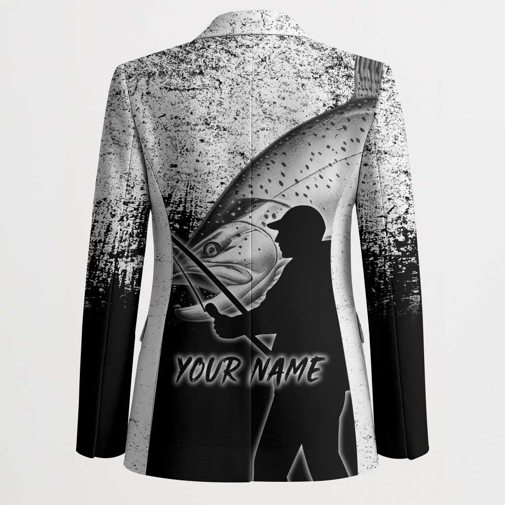 Custom Black and White King Salmon Fishing Blazer with Trout Fish Design Black and White Grunge Style - Wonder Print Shop