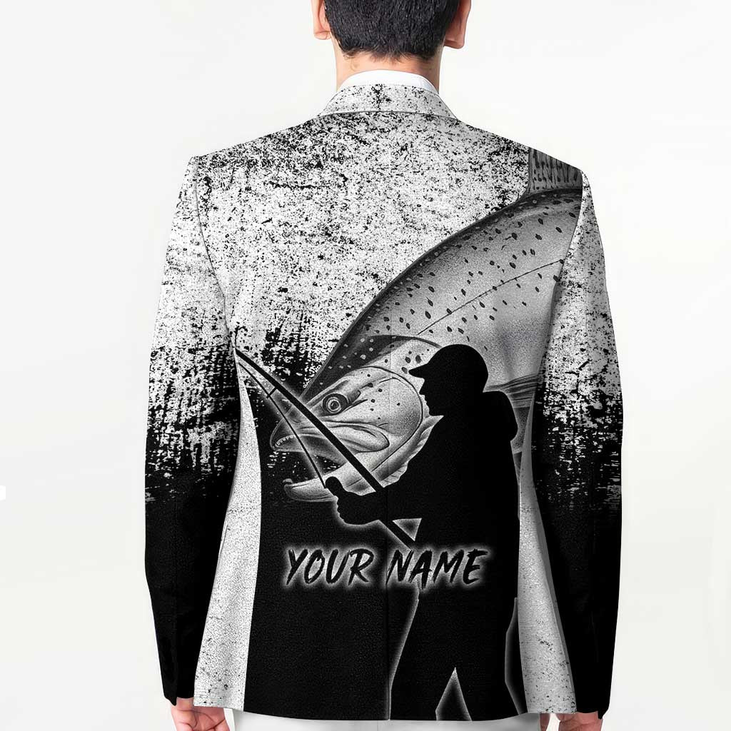 Custom Black and White King Salmon Fishing Blazer with Trout Fish Design Black and White Grunge Style - Wonder Print Shop
