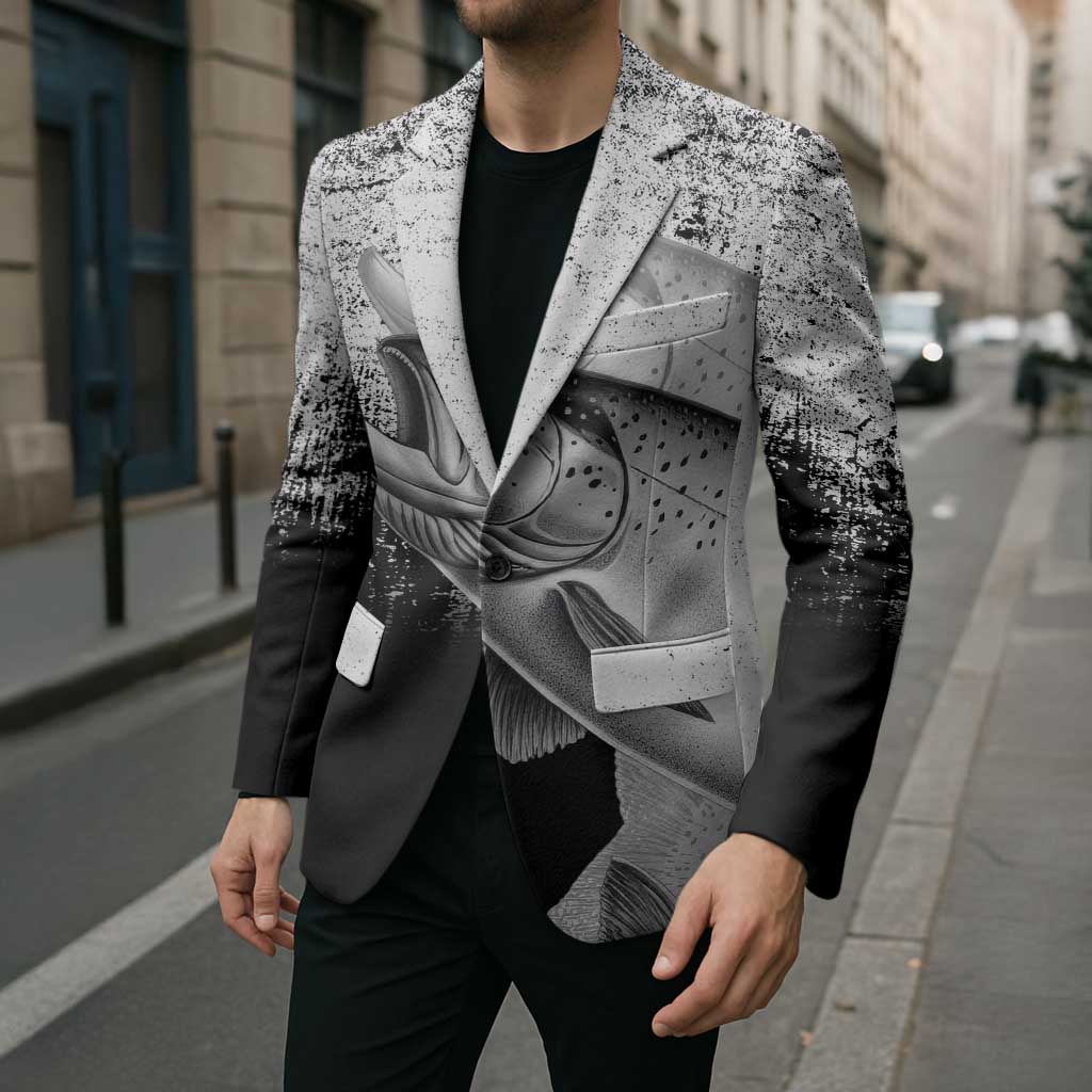 Custom Black and White King Salmon Fishing Blazer with Trout Fish Design Black and White Grunge Style - Wonder Print Shop