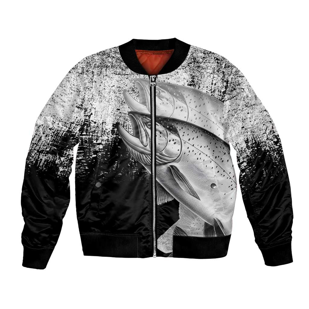 Custom Black and White King Salmon Fishing Bomber Jacket with Trout Fish Design Black and White Grunge Style - Wonder Print Shop