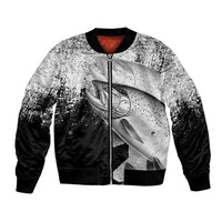 Custom Black and White King Salmon Fishing Bomber Jacket with Trout Fish Design Black and White Grunge Style - Wonder Print Shop