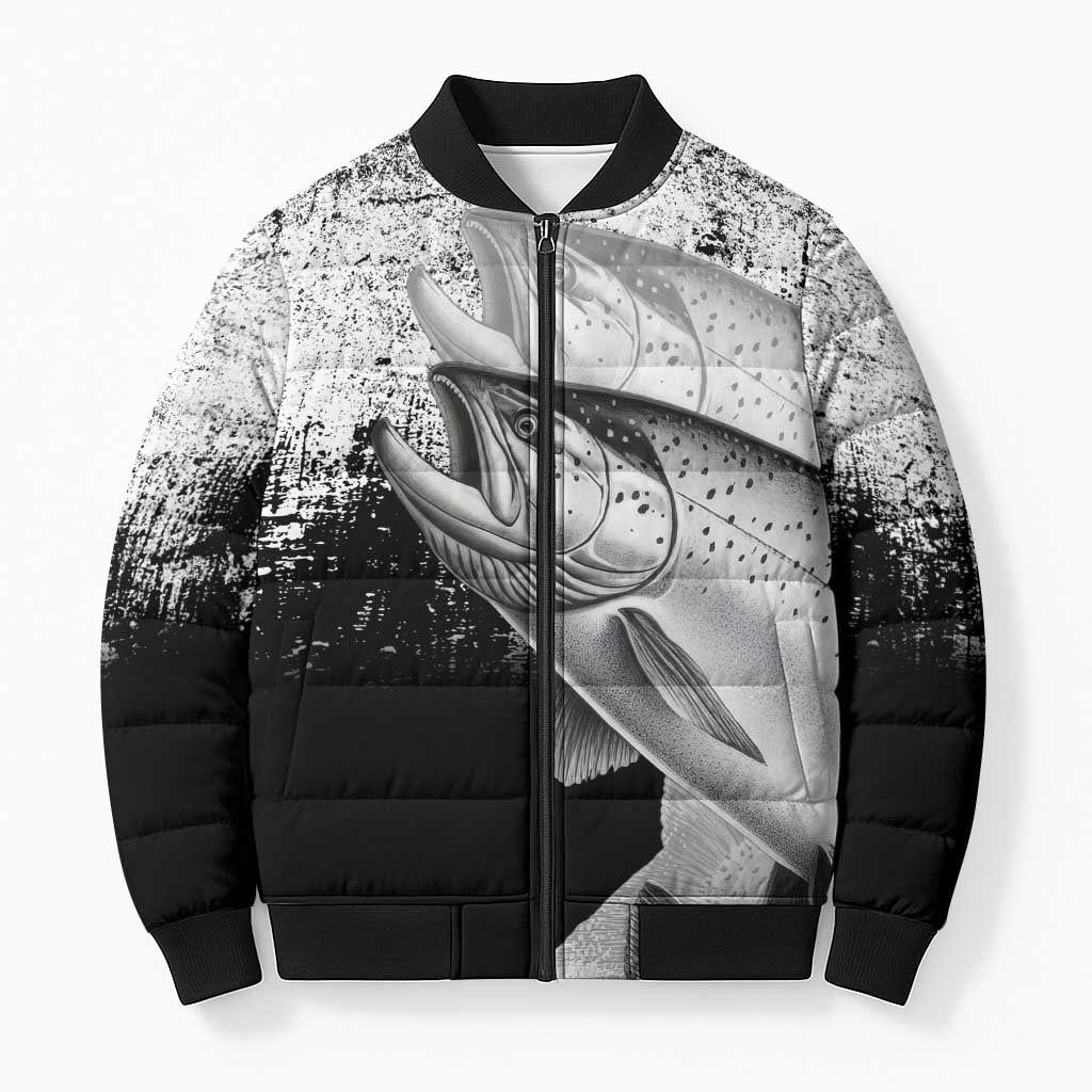 Custom Black and White King Salmon Fishing Bomber Puffer Jacket with Trout Fish Design Black and White Grunge Style - Wonder Print Shop