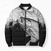 Custom Black and White King Salmon Fishing Bomber Puffer Jacket with Trout Fish Design Black and White Grunge Style - Wonder Print Shop