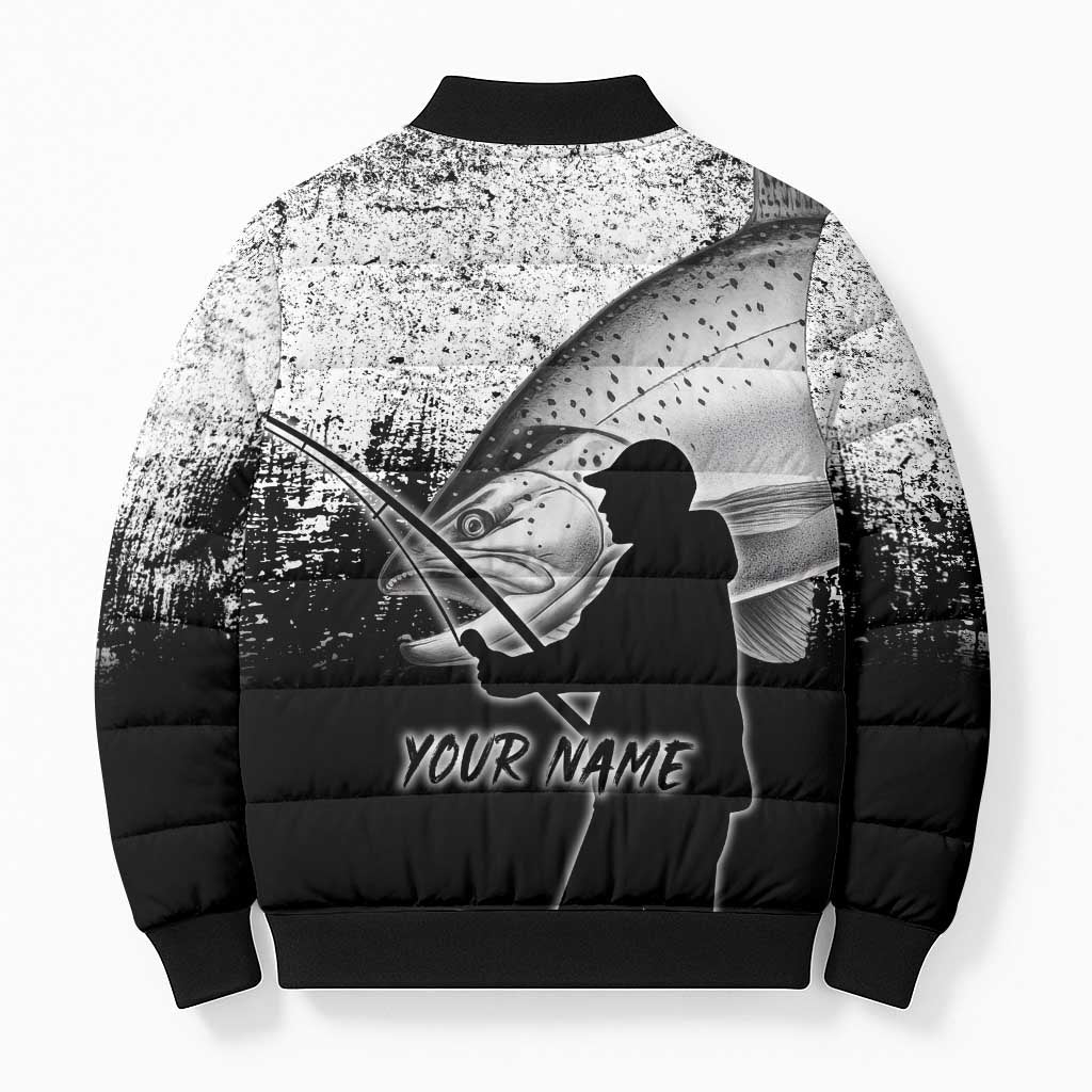 Custom Black and White King Salmon Fishing Bomber Puffer Jacket with Trout Fish Design Black and White Grunge Style - Wonder Print Shop