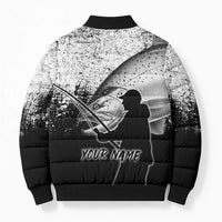 Custom Black and White King Salmon Fishing Bomber Puffer Jacket with Trout Fish Design Black and White Grunge Style - Wonder Print Shop