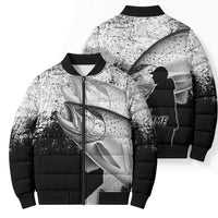 Custom Black and White King Salmon Fishing Bomber Puffer Jacket with Trout Fish Design Black and White Grunge Style - Wonder Print Shop