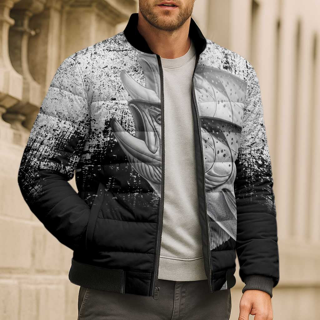 Custom Black and White King Salmon Fishing Bomber Puffer Jacket with Trout Fish Design Black and White Grunge Style - Wonder Print Shop