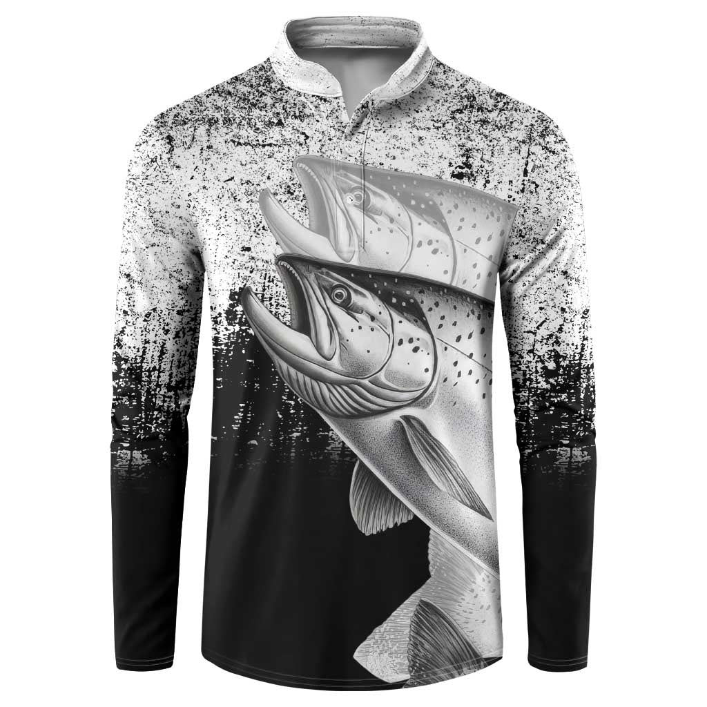 Custom Black and White King Salmon Fishing Button Sweatshirt with Trout Fish Design Black and White Grunge Style - Wonder Print Shop