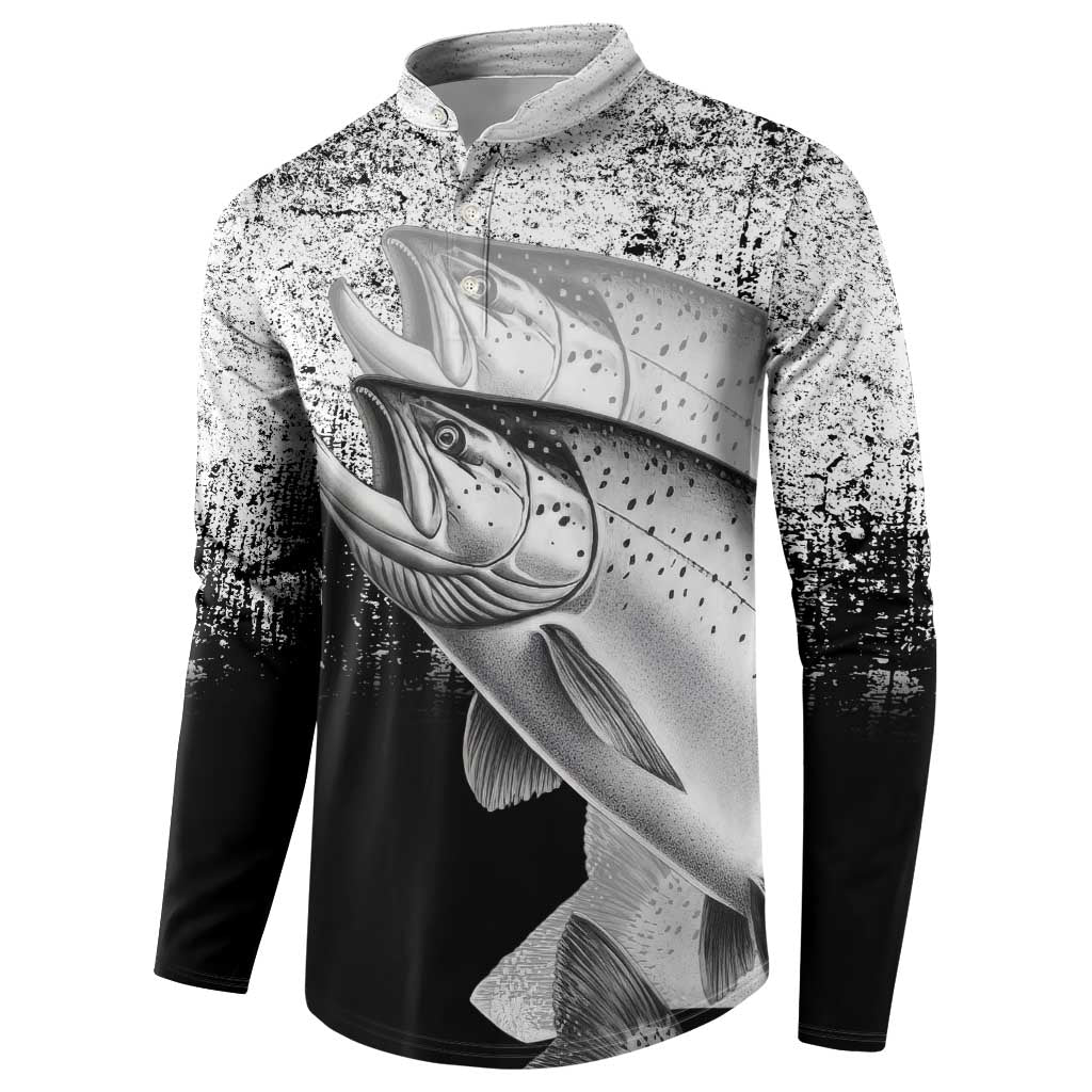 Custom Black and White King Salmon Fishing Button Sweatshirt with Trout Fish Design Black and White Grunge Style - Wonder Print Shop