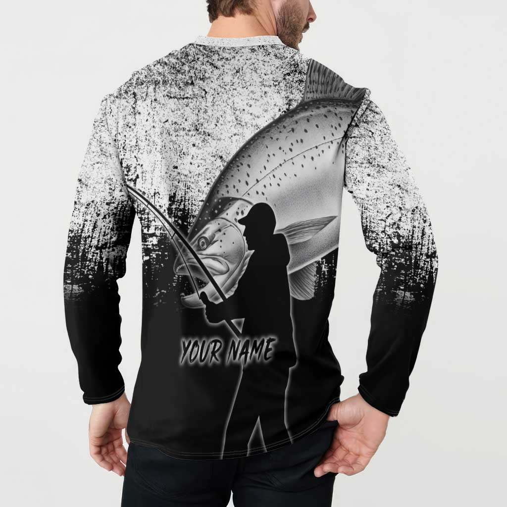 Custom Black and White King Salmon Fishing Button Sweatshirt with Trout Fish Design Black and White Grunge Style - Wonder Print Shop