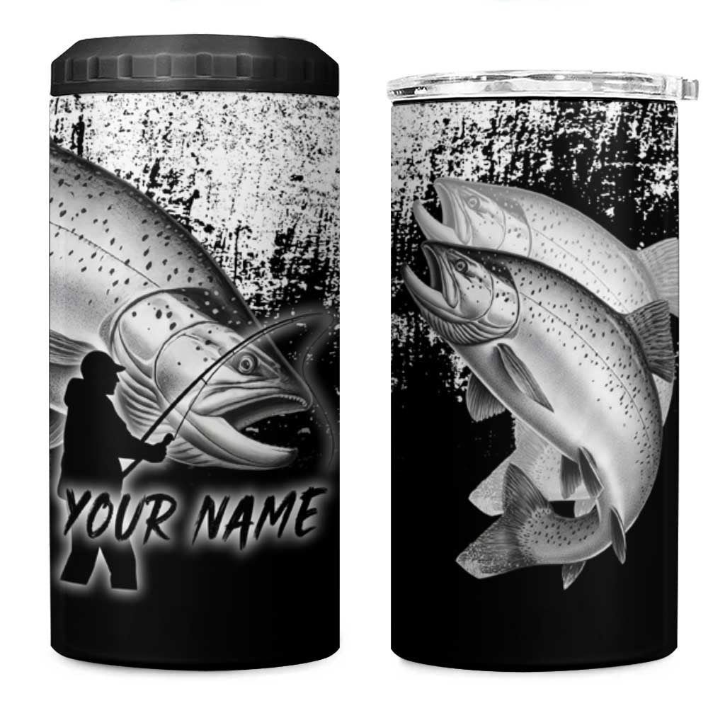 Custom Black and White King Salmon Fishing 4 in 1 Can Cooler Tumbler with Trout Fish Design Black and White Grunge Style - Wonder Print Shop
