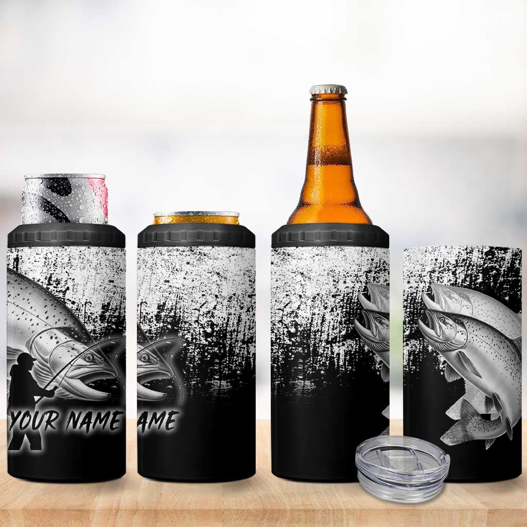 Custom Black and White King Salmon Fishing 4 in 1 Can Cooler Tumbler with Trout Fish Design Black and White Grunge Style - Wonder Print Shop