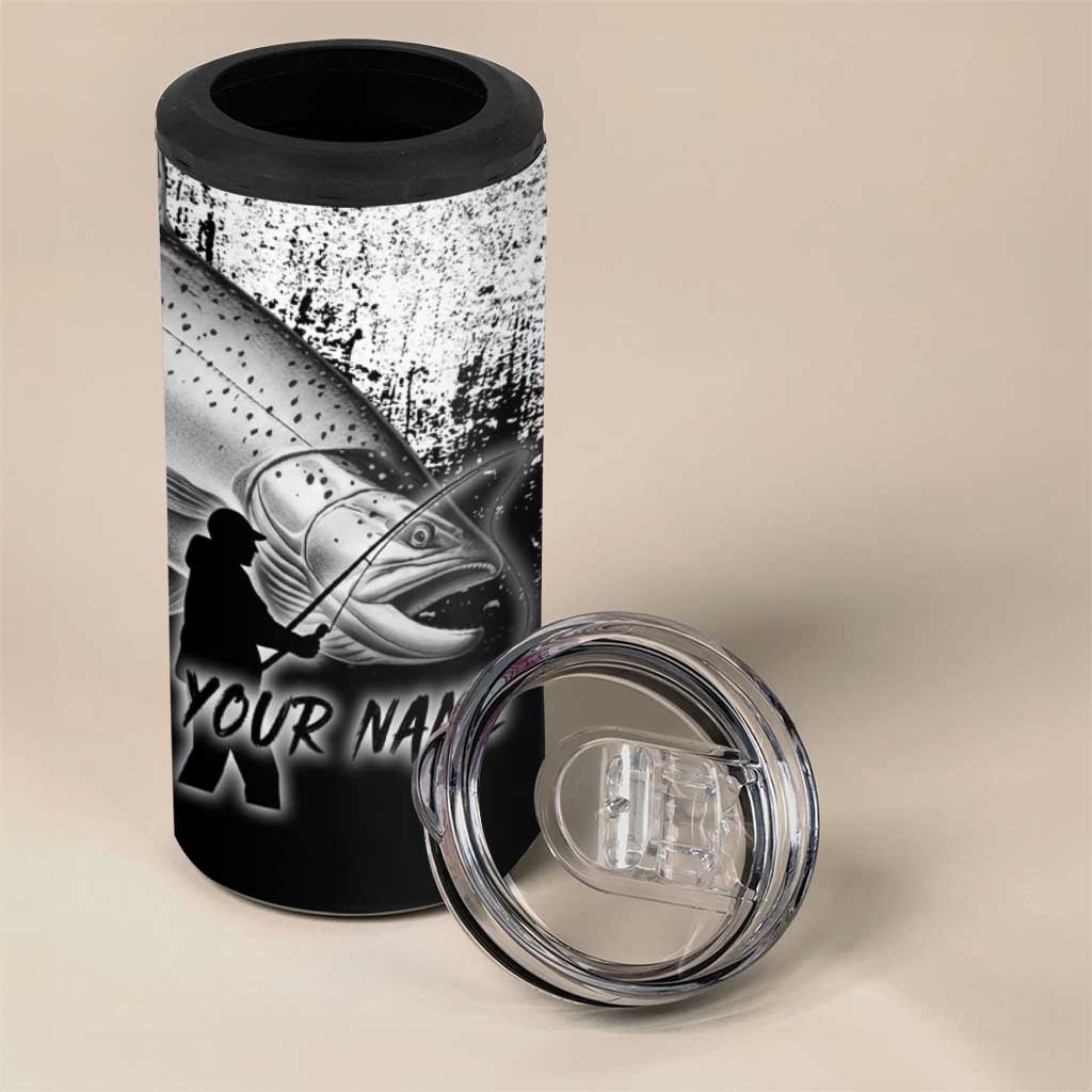 Custom Black and White King Salmon Fishing 4 in 1 Can Cooler Tumbler with Trout Fish Design Black and White Grunge Style - Wonder Print Shop