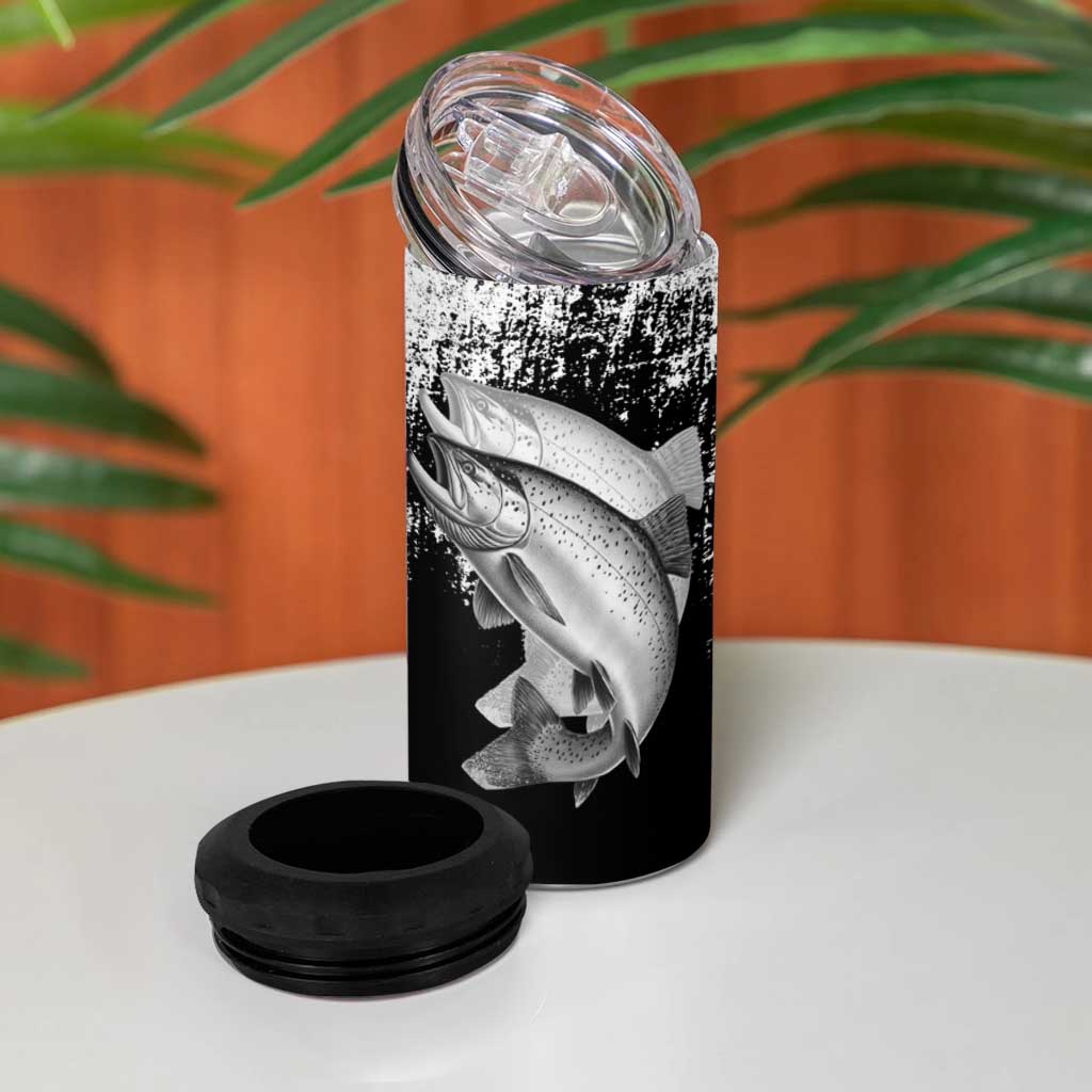 Custom Black and White King Salmon Fishing 4 in 1 Can Cooler Tumbler with Trout Fish Design Black and White Grunge Style - Wonder Print Shop