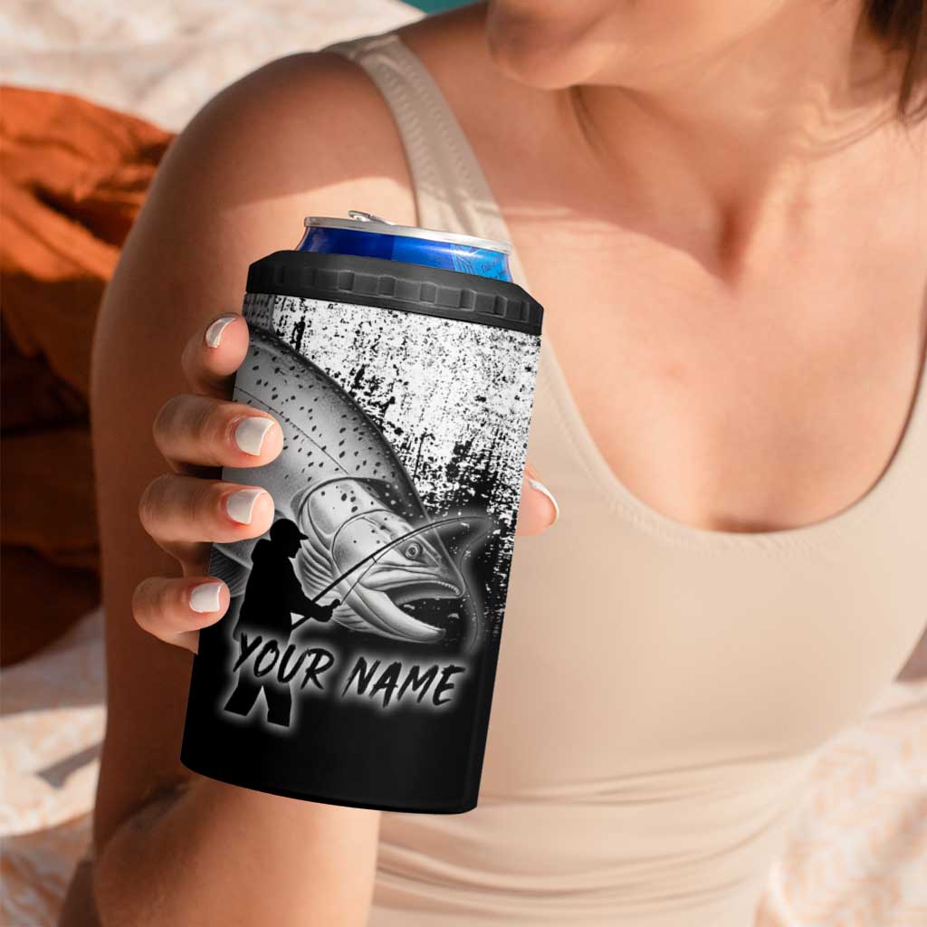 Custom Black and White King Salmon Fishing 4 in 1 Can Cooler Tumbler with Trout Fish Design Black and White Grunge Style - Wonder Print Shop