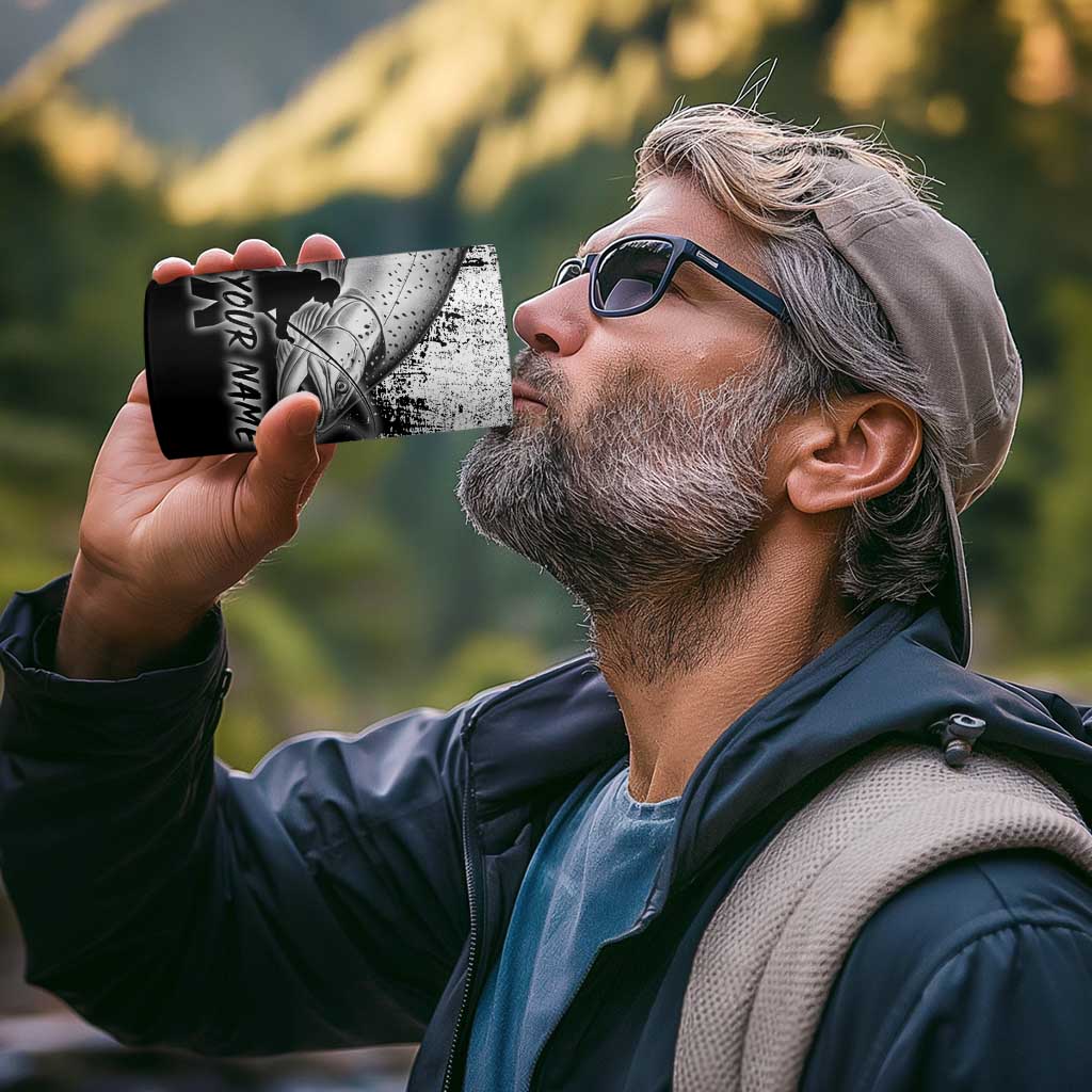Custom Black and White King Salmon Fishing 4 in 1 Can Cooler Tumbler with Trout Fish Design Black and White Grunge Style - Wonder Print Shop