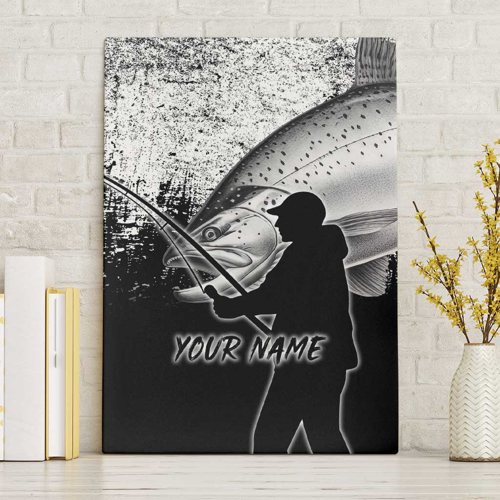 Custom Black and White King Salmon Fishing Canvas Wall Art with Trout Fish Design Black and White Grunge Style - Wonder Print Shop