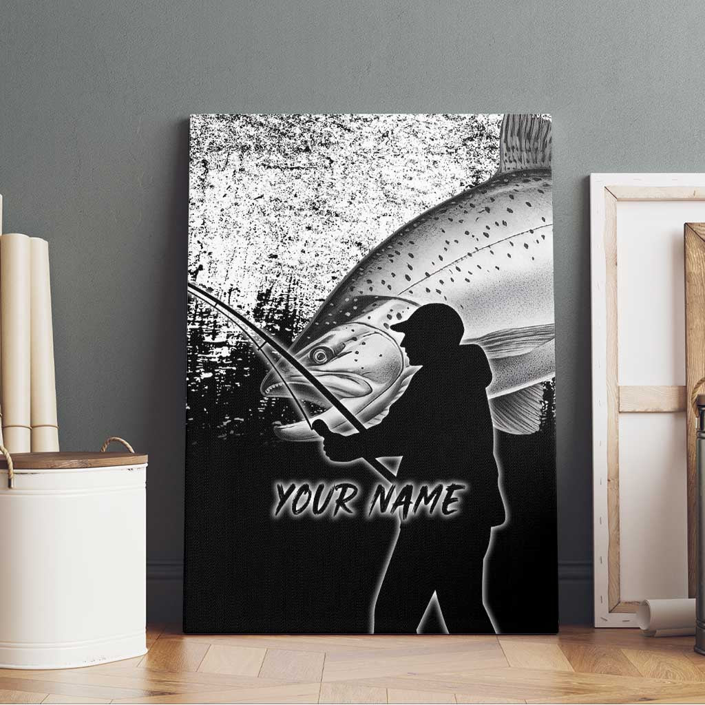 Custom Black and White King Salmon Fishing Canvas Wall Art with Trout Fish Design Black and White Grunge Style - Wonder Print Shop