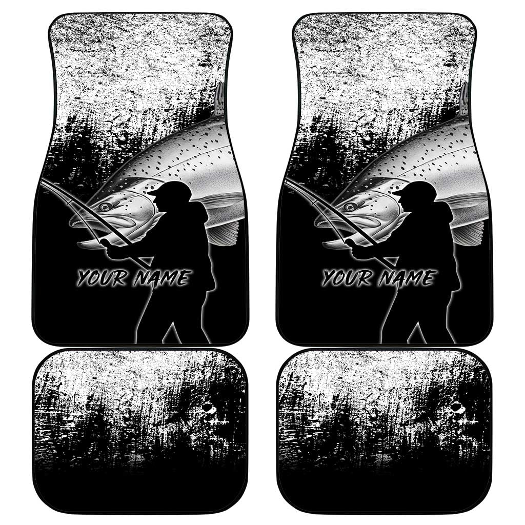 Custom Black and White King Salmon Fishing Car Mats with Trout Fish Design Black and White Grunge Style - Wonder Print Shop