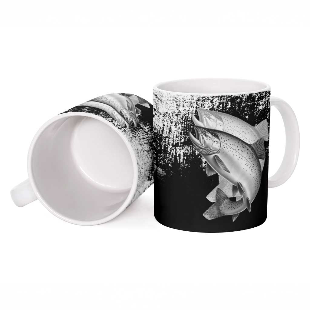 Custom Black and White King Salmon Fishing Ceramic Mug with Trout Fish Design Black and White Grunge Style - Wonder Print Shop