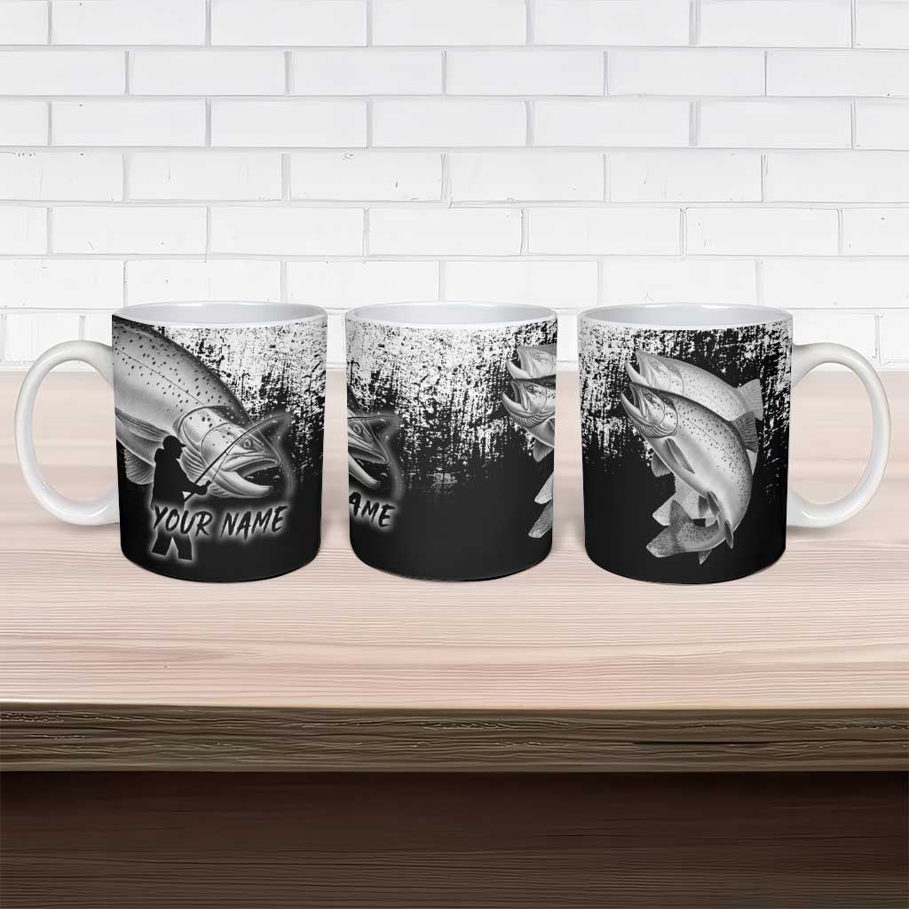 Custom Black and White King Salmon Fishing Ceramic Mug with Trout Fish Design Black and White Grunge Style - Wonder Print Shop