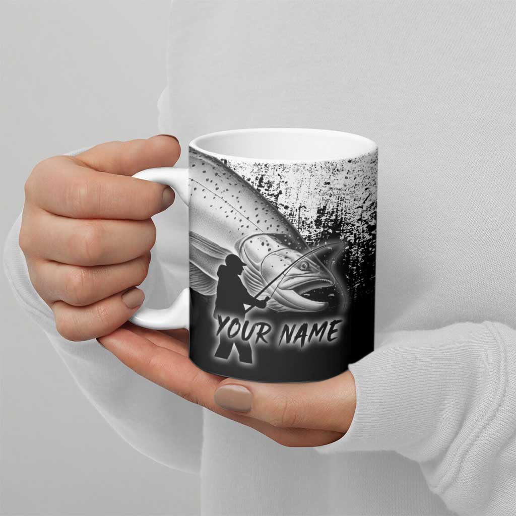 Custom Black and White King Salmon Fishing Ceramic Mug with Trout Fish Design Black and White Grunge Style - Wonder Print Shop