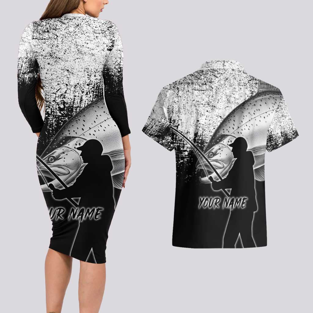 Custom Black and White King Salmon Fishing Couples Matching Long Sleeve Bodycon Dress and Hawaiian Shirt with Trout Fish Design Black and White Grunge Style - Wonder Print Shop