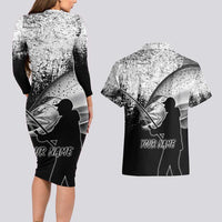 Custom Black and White King Salmon Fishing Couples Matching Long Sleeve Bodycon Dress and Hawaiian Shirt with Trout Fish Design Black and White Grunge Style - Wonder Print Shop