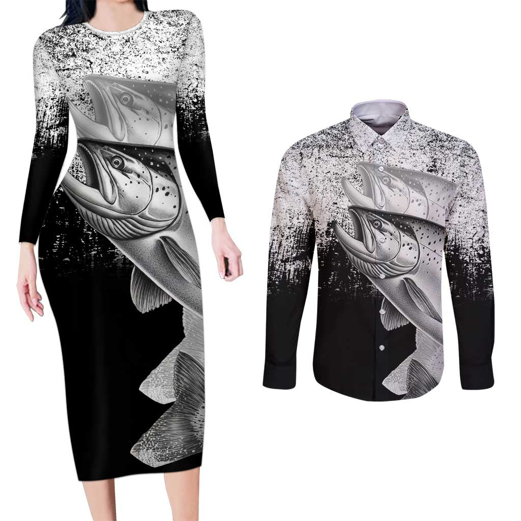 Custom Black and White King Salmon Fishing Couples Matching Long Sleeve Bodycon Dress and Long Sleeve Button Shirt with Trout Fish Design Black and White Grunge Style - Wonder Print Shop