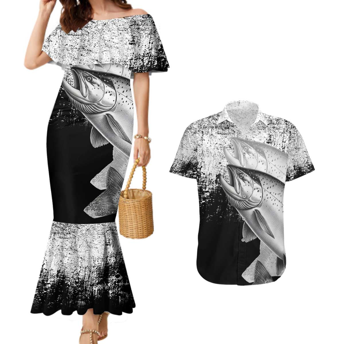 Custom Black and White King Salmon Fishing Couples Matching Mermaid Dress and Hawaiian Shirt with Trout Fish Design Black and White Grunge Style - Wonder Print Shop