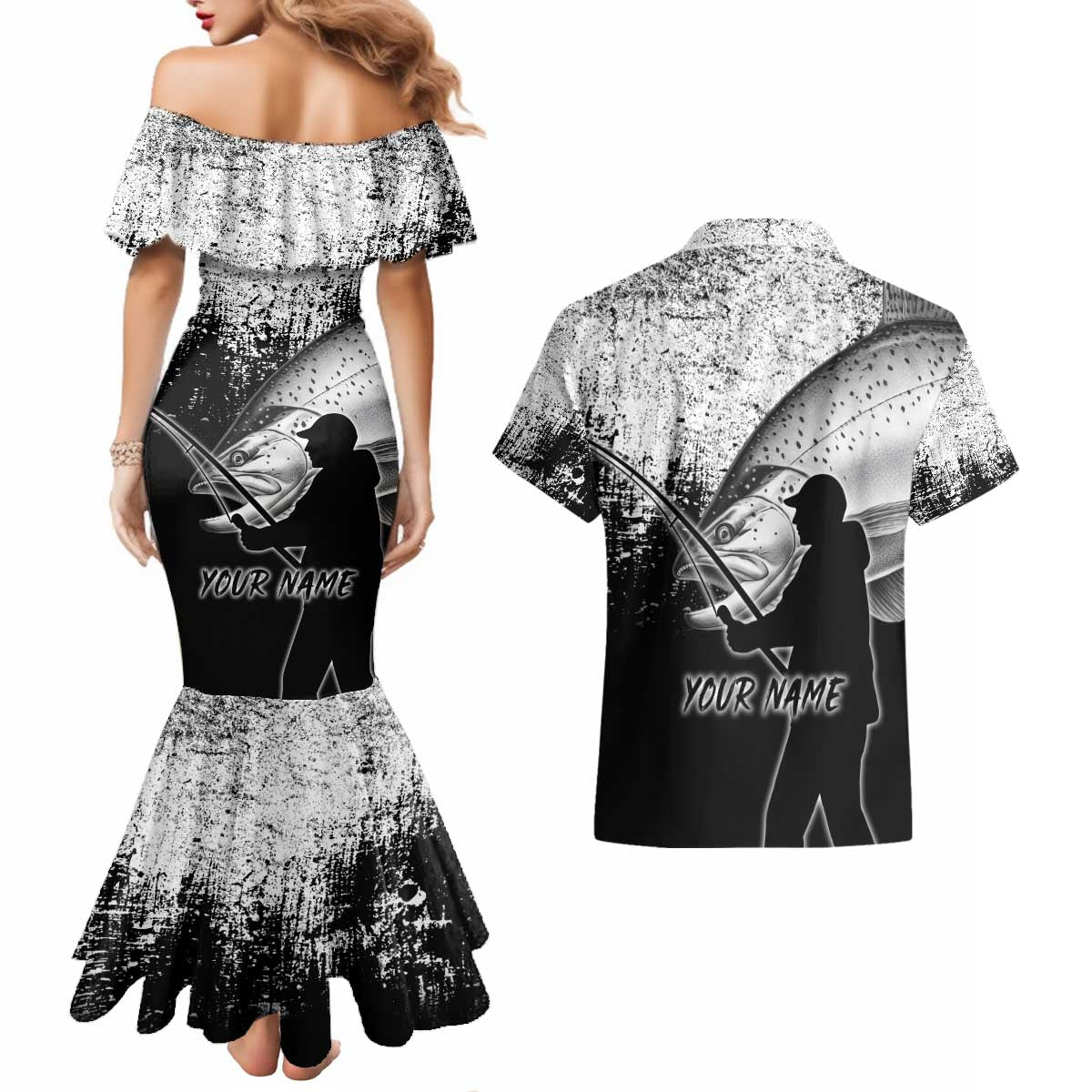 Custom Black and White King Salmon Fishing Couples Matching Mermaid Dress and Hawaiian Shirt with Trout Fish Design Black and White Grunge Style - Wonder Print Shop