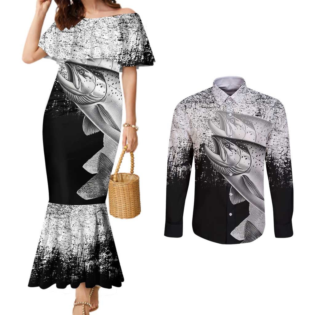 Custom Black and White King Salmon Fishing Couples Matching Mermaid Dress and Long Sleeve Button Shirt with Trout Fish Design Black and White Grunge Style - Wonder Print Shop