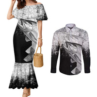Custom Black and White King Salmon Fishing Couples Matching Mermaid Dress and Long Sleeve Button Shirt with Trout Fish Design Black and White Grunge Style - Wonder Print Shop