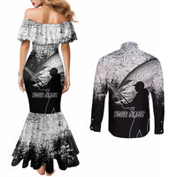 Custom Black and White King Salmon Fishing Couples Matching Mermaid Dress and Long Sleeve Button Shirt with Trout Fish Design Black and White Grunge Style - Wonder Print Shop