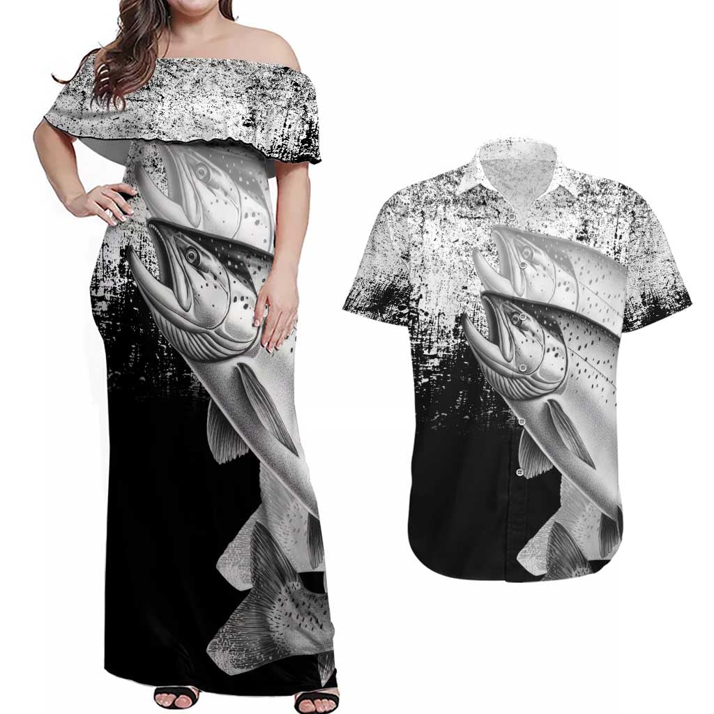 Custom Black and White King Salmon Fishing Couples Matching Off Shoulder Maxi Dress and Hawaiian Shirt with Trout Fish Design Black and White Grunge Style - Wonder Print Shop
