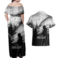 Custom Black and White King Salmon Fishing Couples Matching Off Shoulder Maxi Dress and Hawaiian Shirt with Trout Fish Design Black and White Grunge Style - Wonder Print Shop