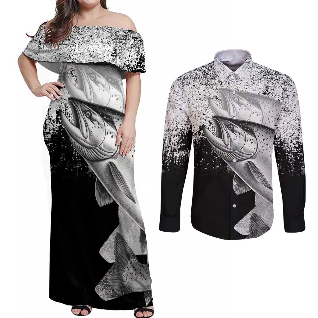 Custom Black and White King Salmon Fishing Couples Matching Off Shoulder Maxi Dress and Long Sleeve Button Shirt with Trout Fish Design Black and White Grunge Style - Wonder Print Shop