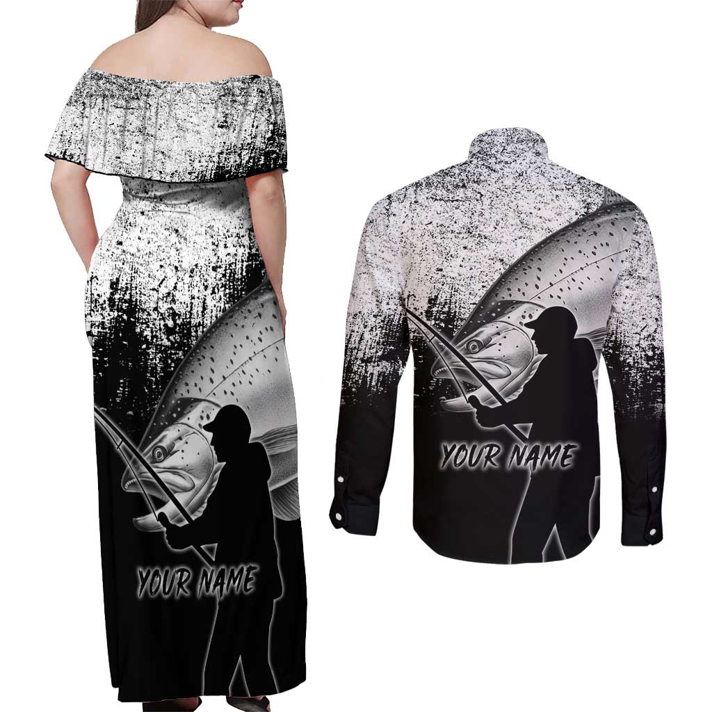 Custom Black and White King Salmon Fishing Couples Matching Off Shoulder Maxi Dress and Long Sleeve Button Shirt with Trout Fish Design Black and White Grunge Style - Wonder Print Shop
