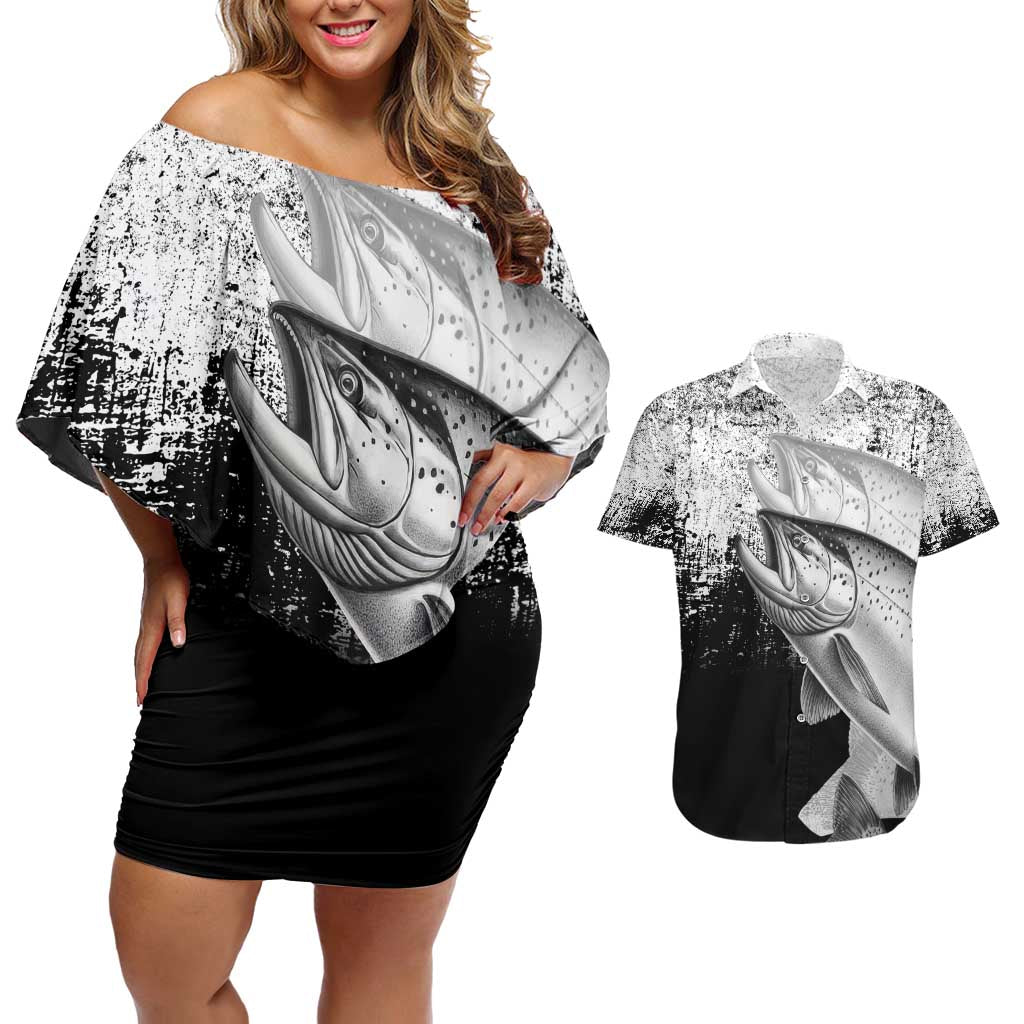Custom Black and White King Salmon Fishing Couples Matching Off Shoulder Short Dress and Hawaiian Shirt with Trout Fish Design Black and White Grunge Style - Wonder Print Shop