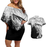 Custom Black and White King Salmon Fishing Couples Matching Off Shoulder Short Dress and Hawaiian Shirt with Trout Fish Design Black and White Grunge Style - Wonder Print Shop