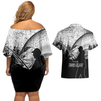 Custom Black and White King Salmon Fishing Couples Matching Off Shoulder Short Dress and Hawaiian Shirt with Trout Fish Design Black and White Grunge Style - Wonder Print Shop